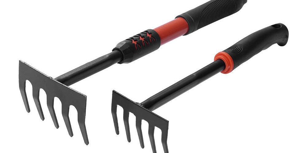Black Plastic Handle Two-Head Hoe with Five Tines (4) Two-Head Hoe with Five-Tine Rake